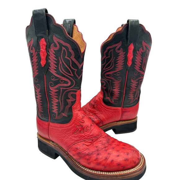 Lucchese 2000 8 Full Quill Ostrich Red Black Women’s Western Cowgirl Boots - Picture 3 of 9